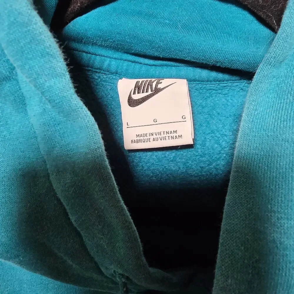 Vintage Teal with White Swoosh Nike Pullover Hoodie Kangaroo Pockets Size Large